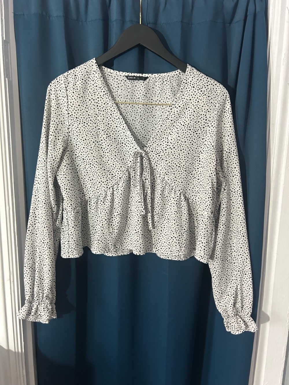 SHEIN White Black Polka Dot Tie-Front Peplum Blouse